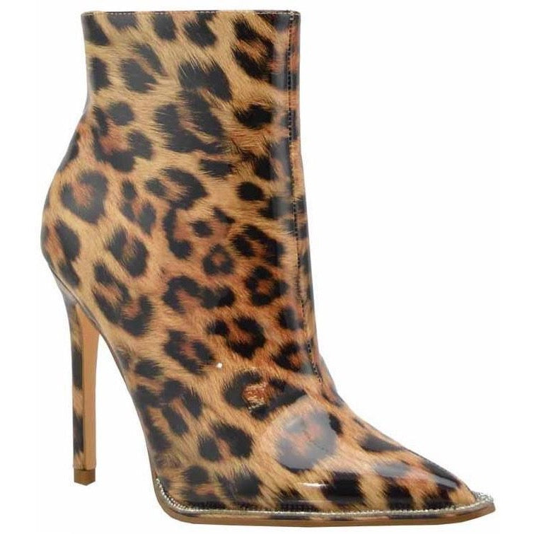Leopard Patent Rhinestone Embellished Ankle Booties