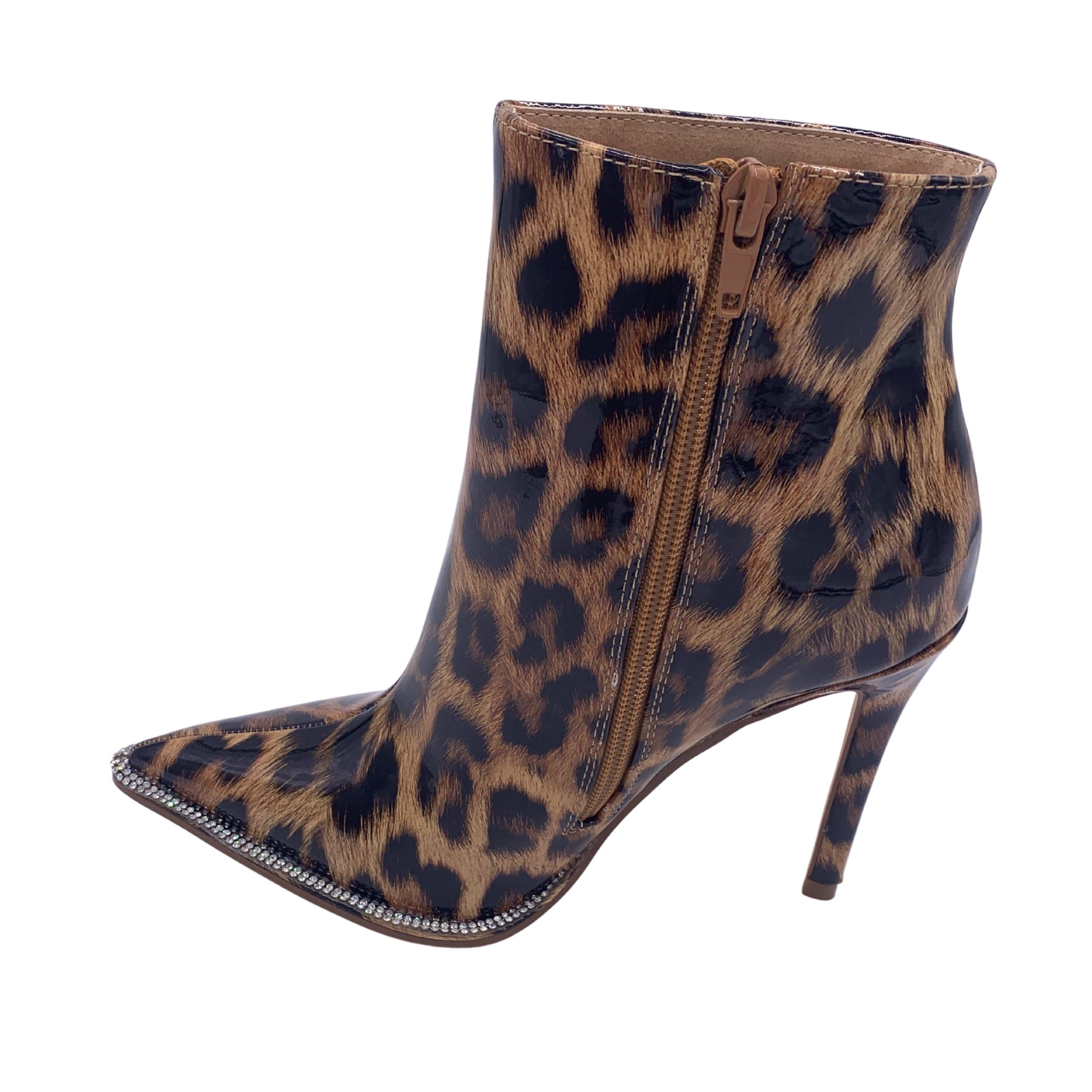 Leopard Patent Rhinestone Embellished Ankle Booties